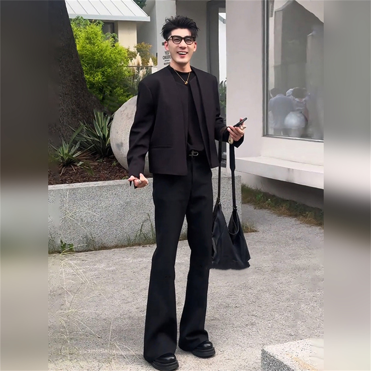 CLARALEE高级感酷帅套装男假两件短款西装外套搭配西裤休闲一整套