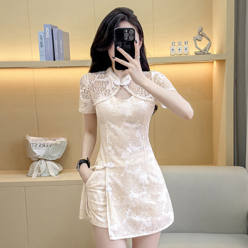 中国风蕾丝连衣裙旗袍中式小个子养生馆足疗美容师足浴技师工作服