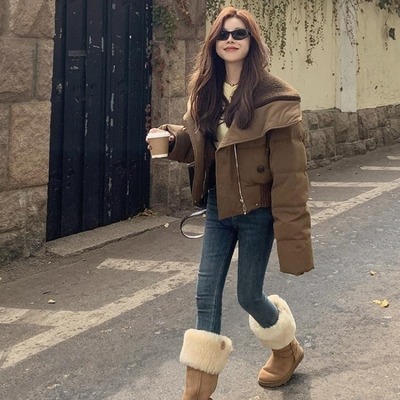 羽绒棉女2025冬季新款高腰羊羔毛大翻领短款面包服白鸭绒外套潮