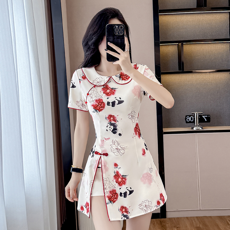夏季新中式民国风职业时尚美容师套装小个子旗袍裙足浴技师工作服
