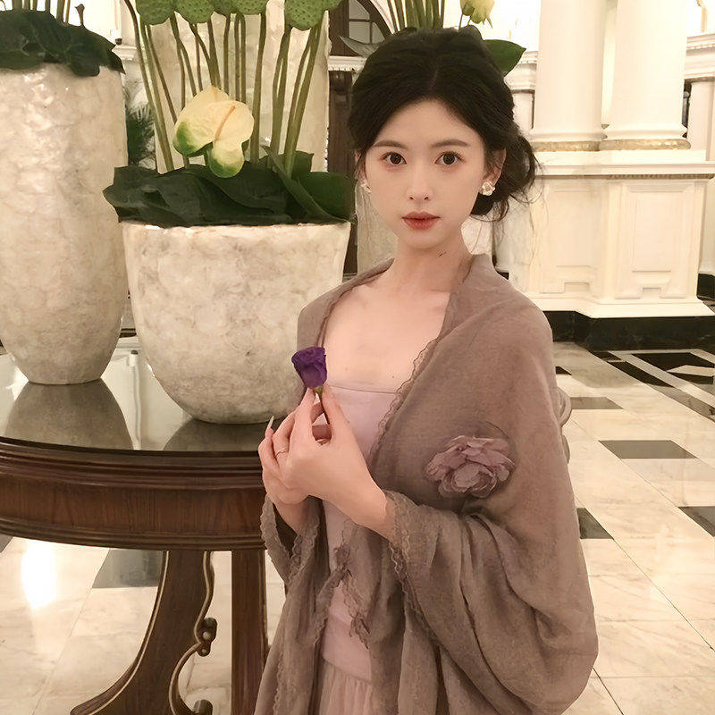 法国Coor Keva棉麻蕾丝纯色薄款披肩女外搭夏百搭防晒开衫空调房