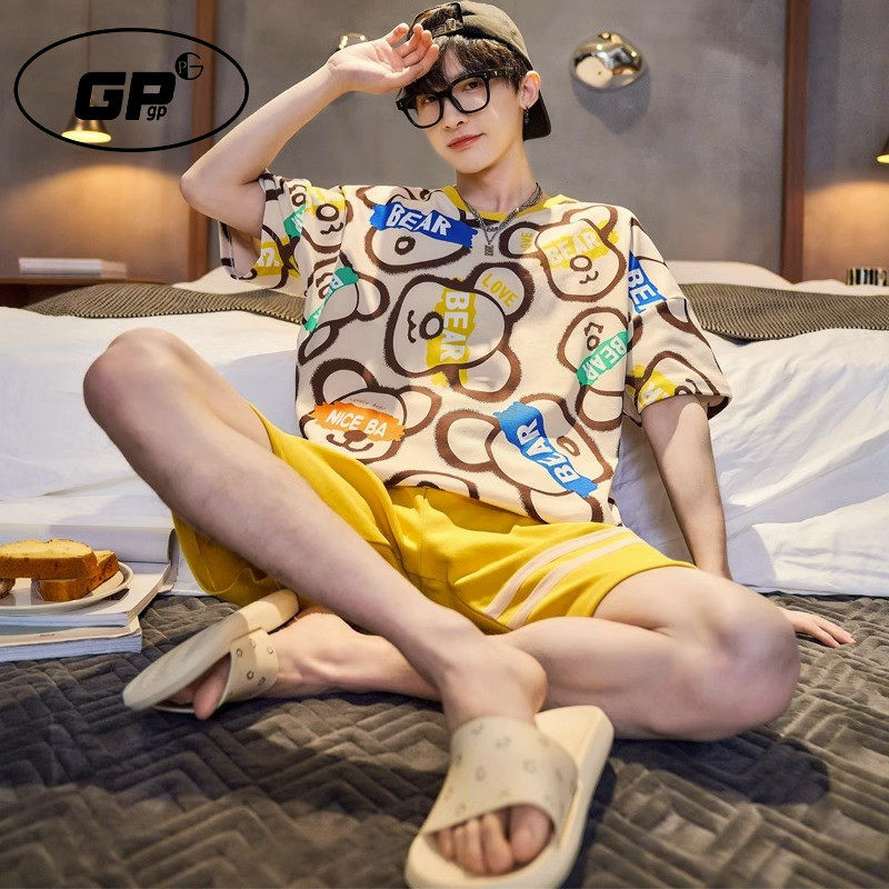 日本GP男士睡衣夏季纯棉短袖薄款夏天卡通青少年学生可外穿家居服