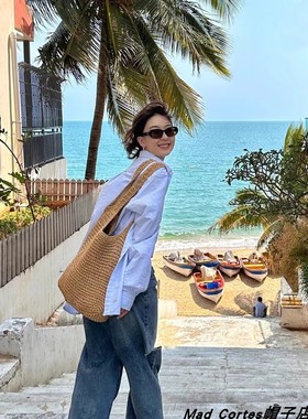 Mad Cortes日本单肩斜挎草包女夏帆布袋海边度假沙滩编织包草编包