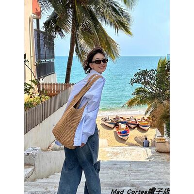 Mad Cortes日本单肩斜挎草包女夏帆布袋海边度假沙滩编织包草编包