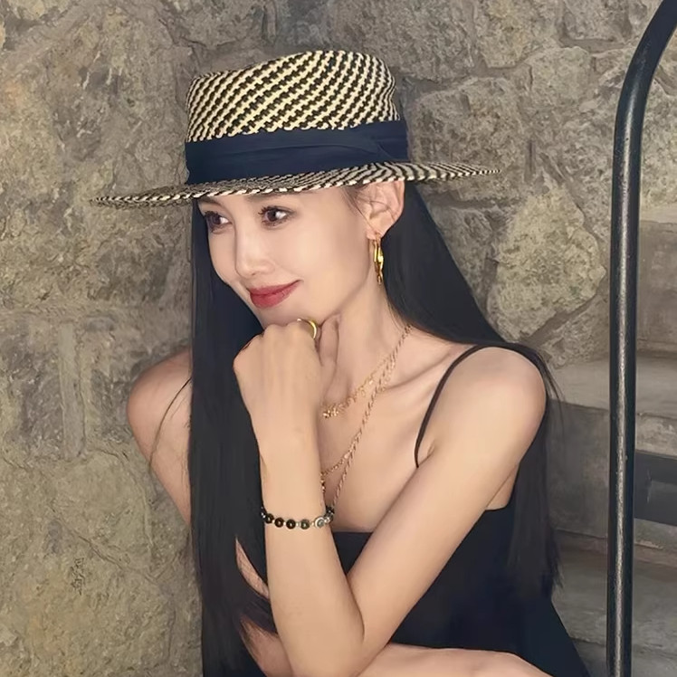 Mad Cortes法式老钱风草编平顶草帽女夏季海边沙滩防晒遮阳礼帽子