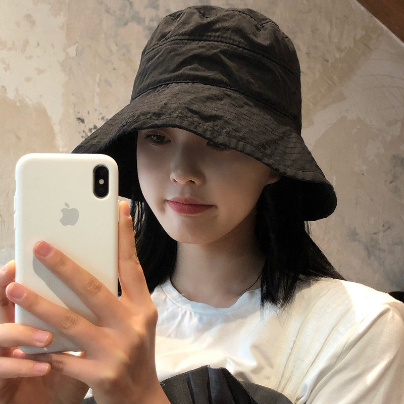 日本帽子女纯色百搭大檐遮阳帽做旧褶皱感春夏休闲渔夫帽防晒盆帽