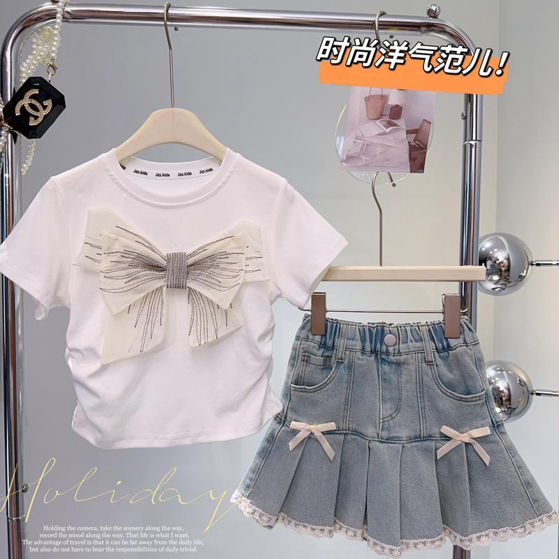 女童夏季新款套装2025洋气甜美背带娃娃衫百褶百搭牛仔短裙两件套