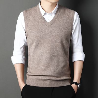 秋冬季新款100%纯色针织背心男 中年V领套头无袖马甲坎肩毛衣加厚