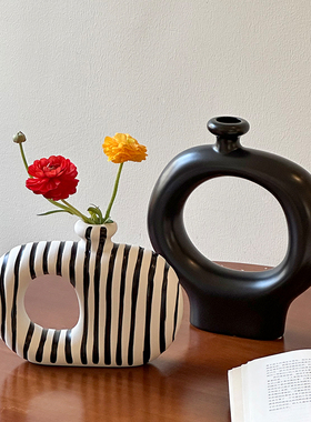 轻奢高级陶瓷花瓶水养鲜花花瓶黑色客厅桌面摆件拍照道具装饰品