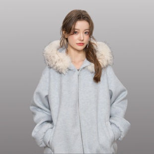 QDQD 原创连帽毛领羊毛呢子大衣夹棉加厚保暖冬季拉链卫衣外套女