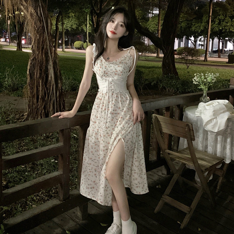 系带气质碎花开叉长裙女小众外穿温柔纯欲风吊带连衣裙+绑带封腰