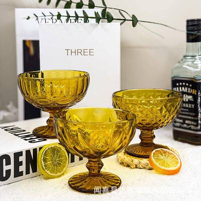 工厂彩色浮雕高脚杯欧式加厚玻璃红酒杯复古琥珀葡萄酒甜酒杯