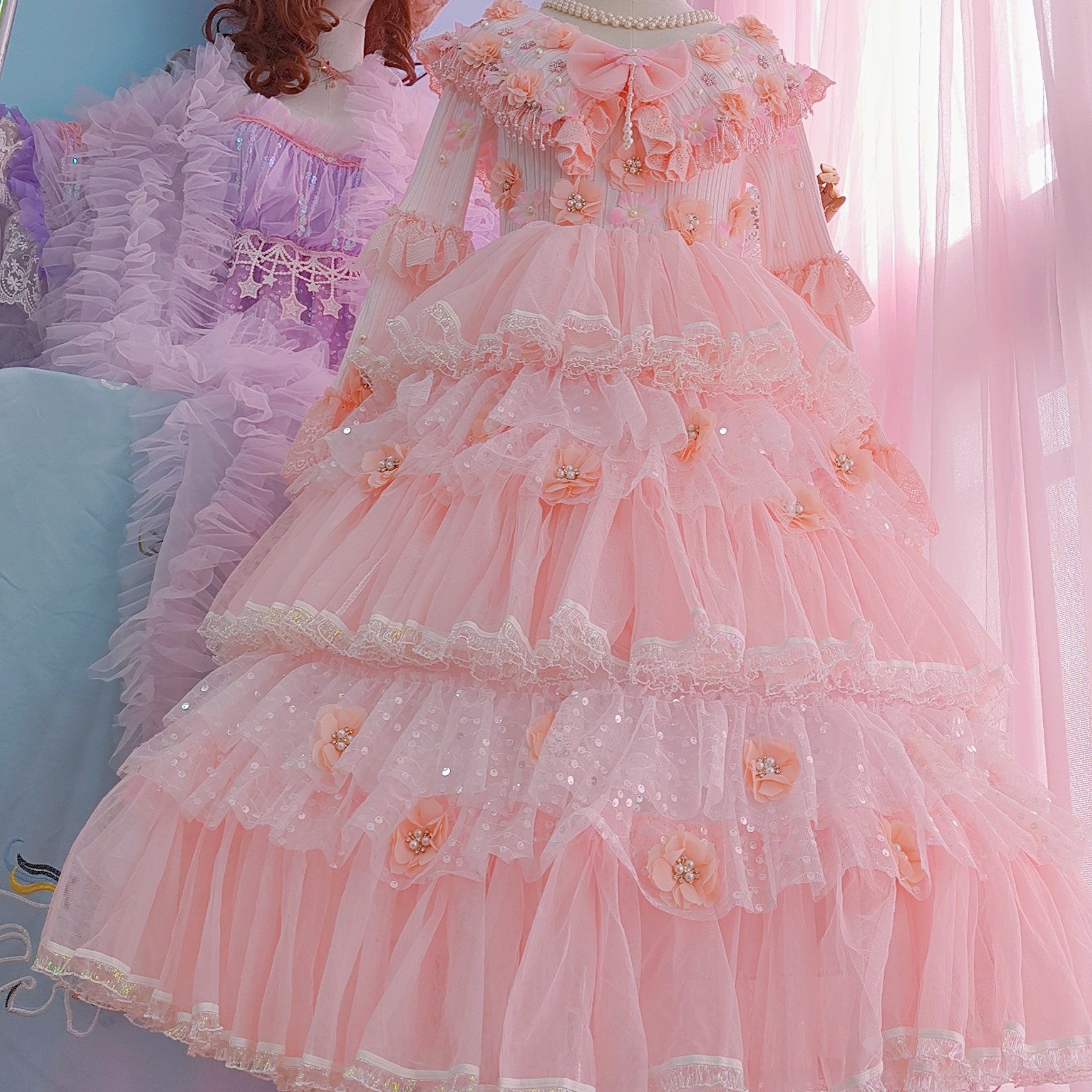 花仙子公主甜美设计lolita迪士尼层层公主长宴会生日袖连衣长裙
