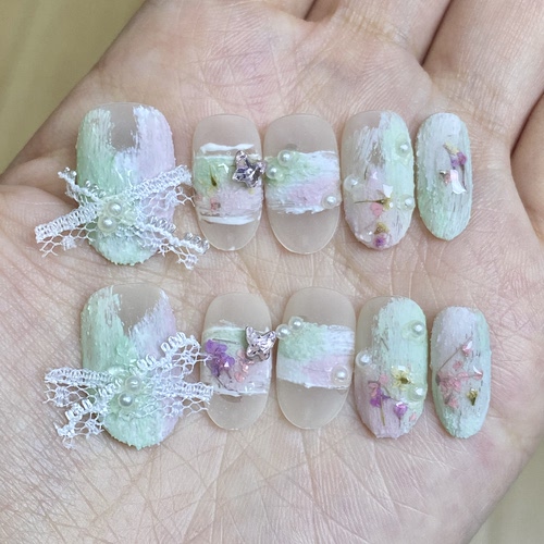 青丛复古油画磨砂砂糖手绘显白高级精致纯手工穿戴甲短椭（全码）