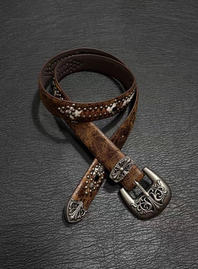 Vanan 日式手工做旧金属雕花皮带男女vintage小众重工铆钉腰带
