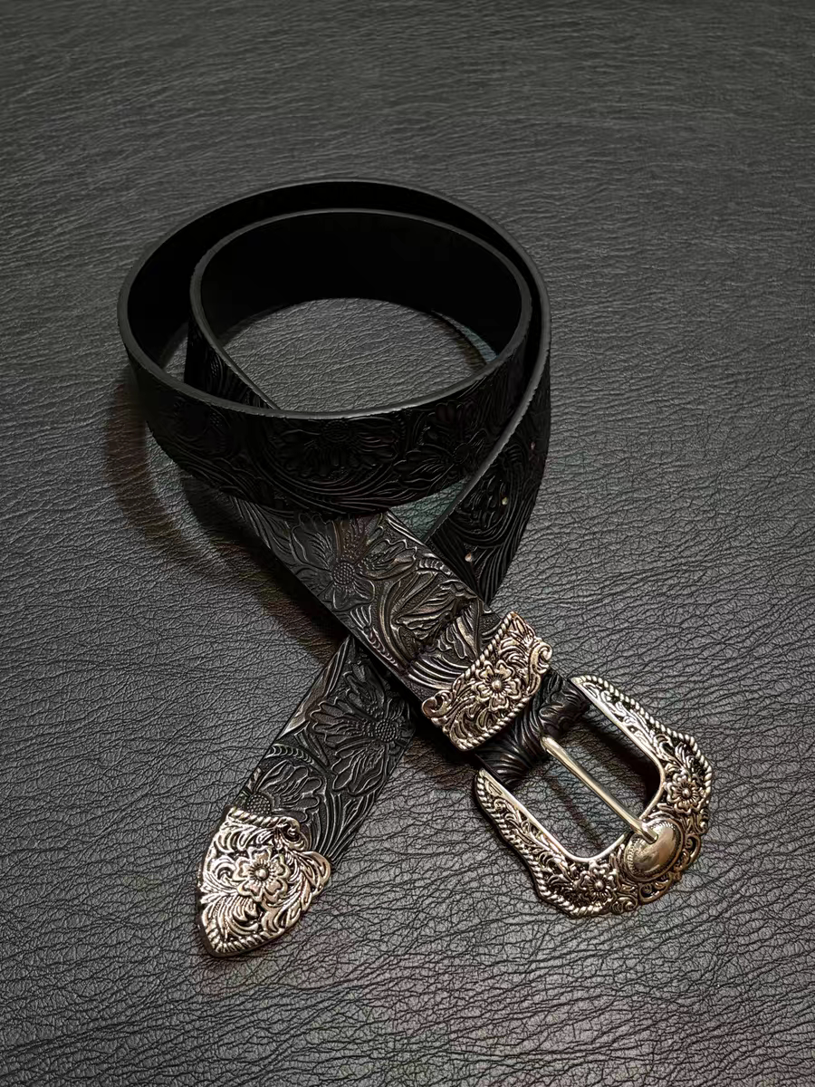 Vanan中古简约原创满印雕花做旧皮带男女vintage小众重工单品腰带