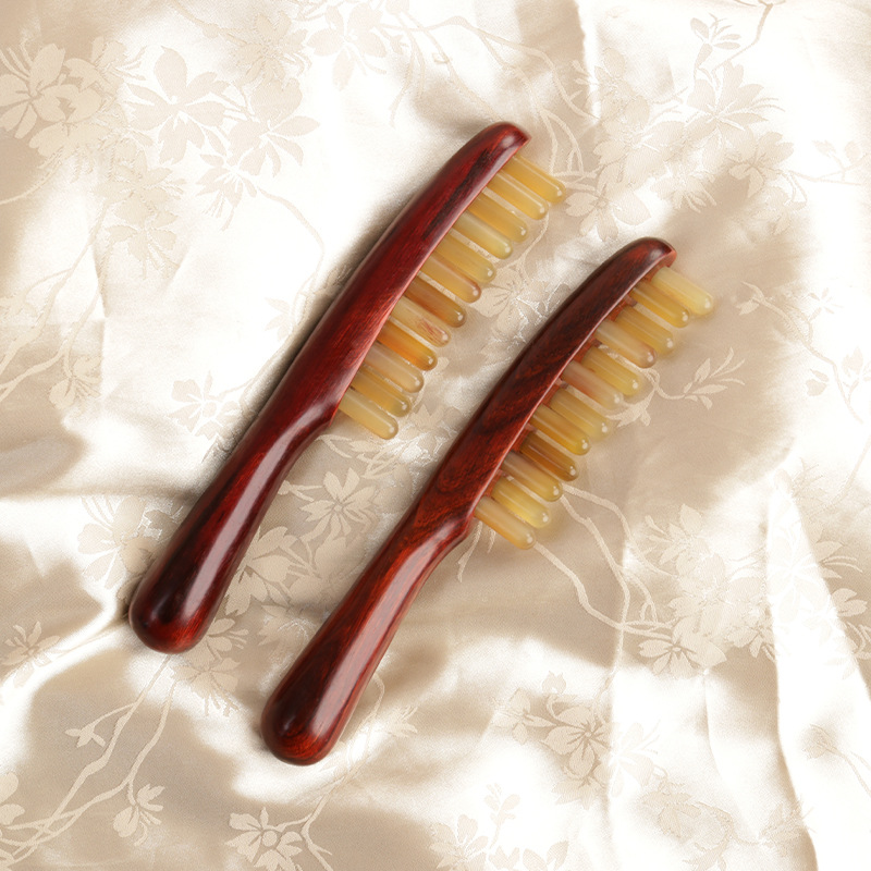 缎光紫檀羊角双排齿木梳按摩梳