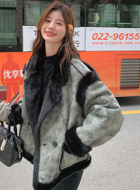 法式西装领皮毛一体女冬季羊羔毛短外套加绒机车棉服6077P195K278