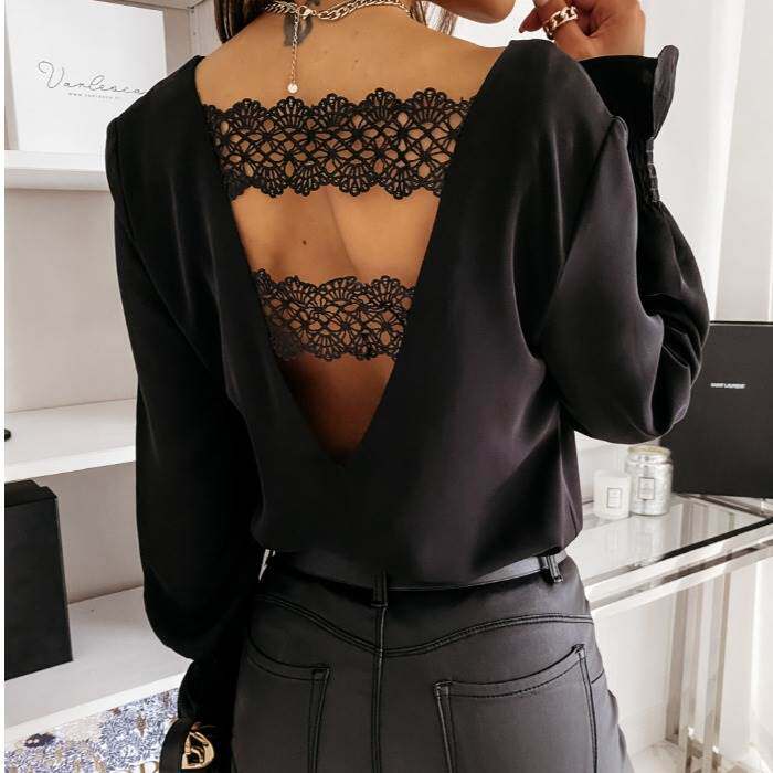 早春2021新款OL风后深V领蕾丝拼接性感sexy露背长袖衬衣衬衫shirt