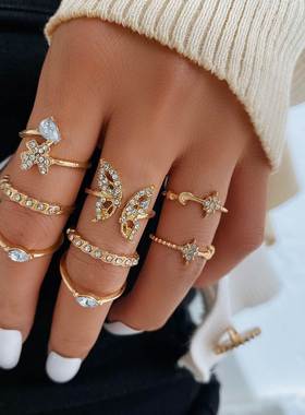 欧美蝴蝶戒指 Diamond Butterfly Rings Women's Joint Ring Set