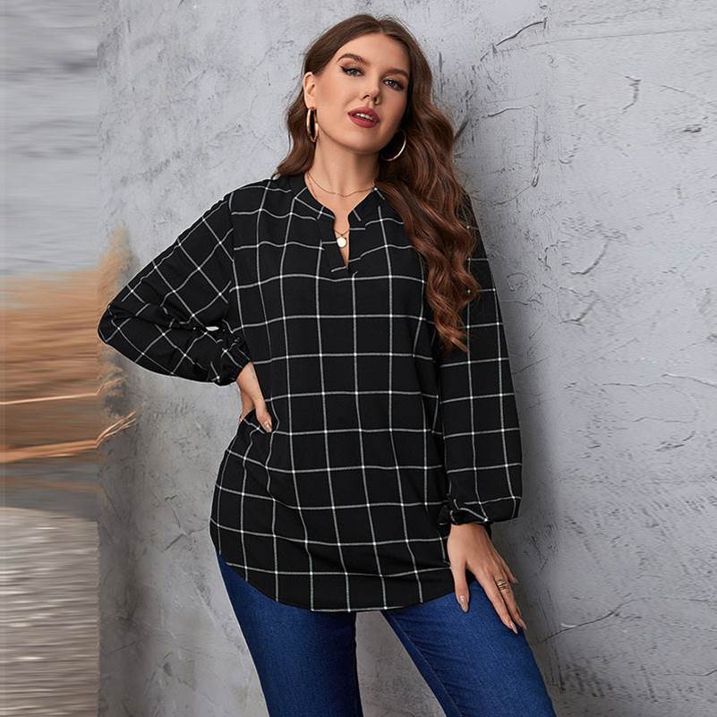 plus size large women's shirt retro plaid top ladies blo