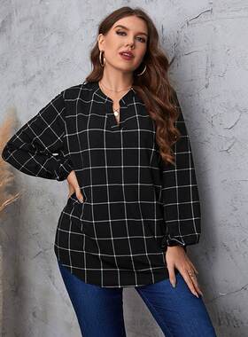 plus size large women's shirt retro plaid top ladies blo