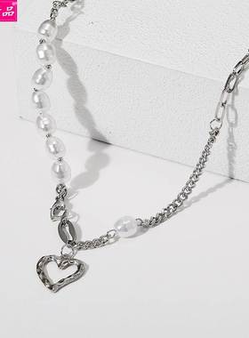 Personality stitching chain pearl Heart pendant necklace项链