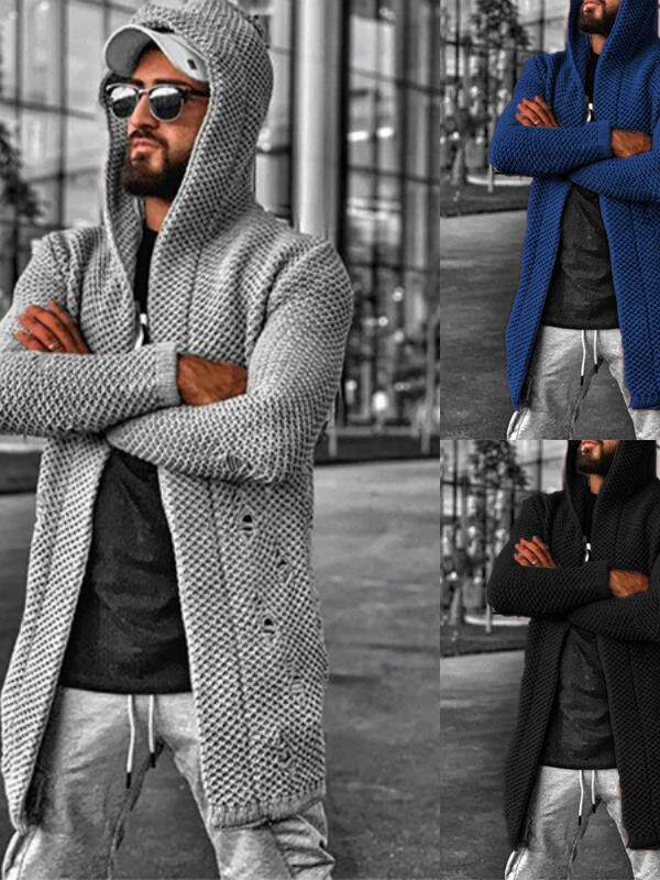 2023秋冬欧美外贸宽松男士针织开衫破洞连帽外套毛衣Men sweater