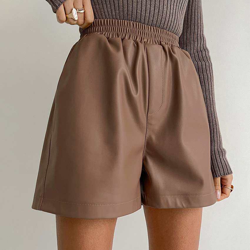 2024伦哑光皮革短裤时尚通勤女士皮裤休闲中裤口袋women clothes