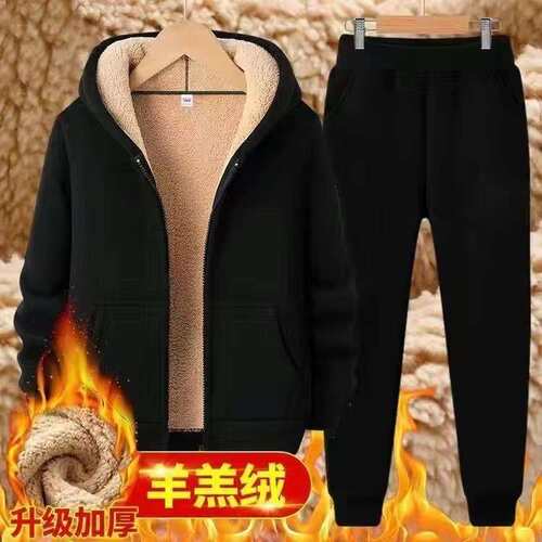 men clothes衫连帽外套休闲两件套羊羔绒二件套运动套装纯色2024