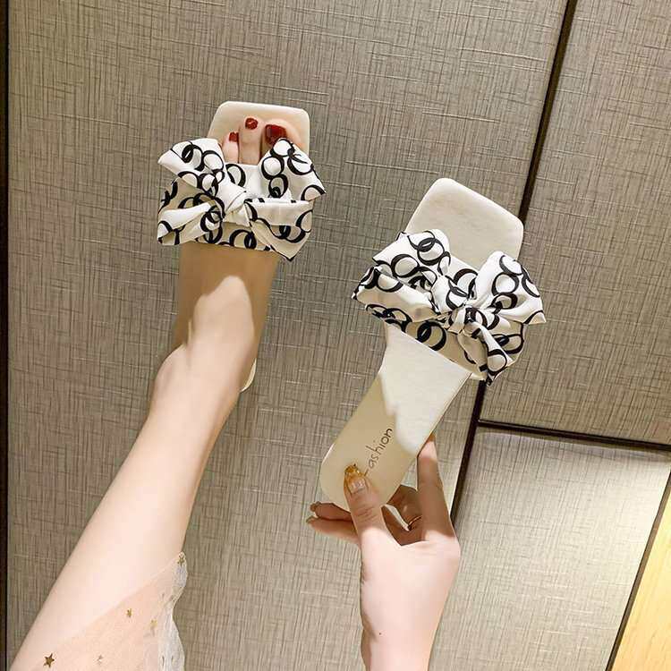 women shoes码平底拖鞋女外穿夏季新款韩版蝴蝶结一字拖鞋女2024