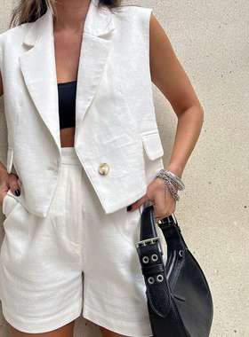 2024甲背心短裤套装新款夏季高级感白色女装两件套women clothes