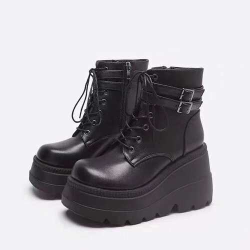 women shoes大码松糕厚底炫彩坡跟扣带女系带时尚百搭款短靴2024