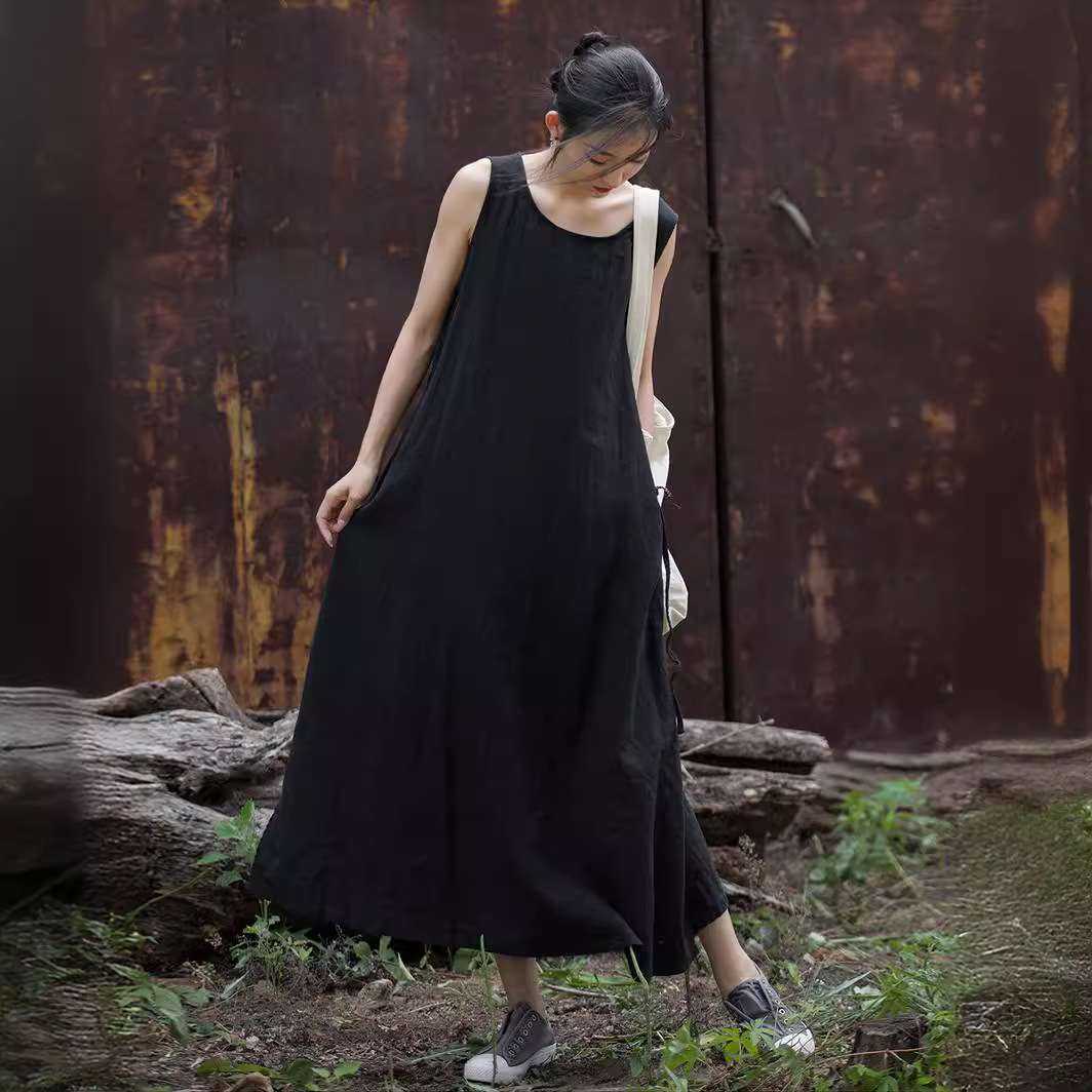2024品苎麻无袖系带连衣裙居家旅行长裙文艺范裙子women clothes