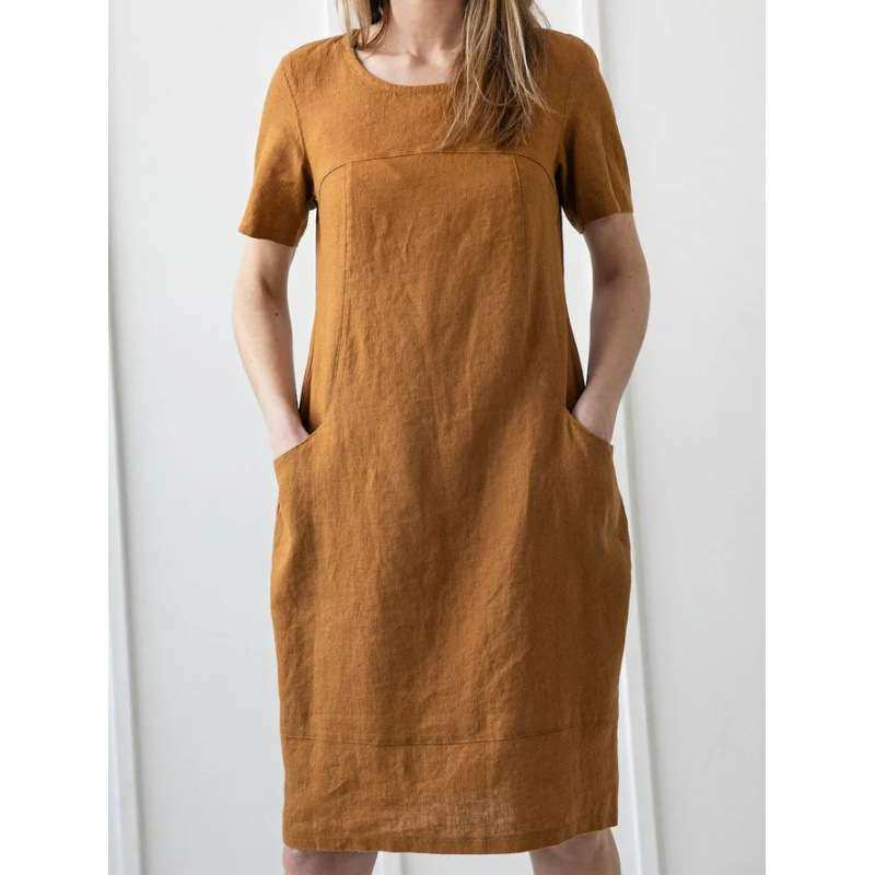 2024装复古大码纯色棉麻打底显瘦中长款短袖连衣裙women clothes