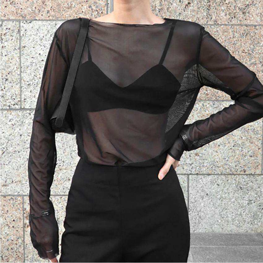 2024视网纱打底衫女镂空黑色内搭长袖薄款透明上衣women clothes