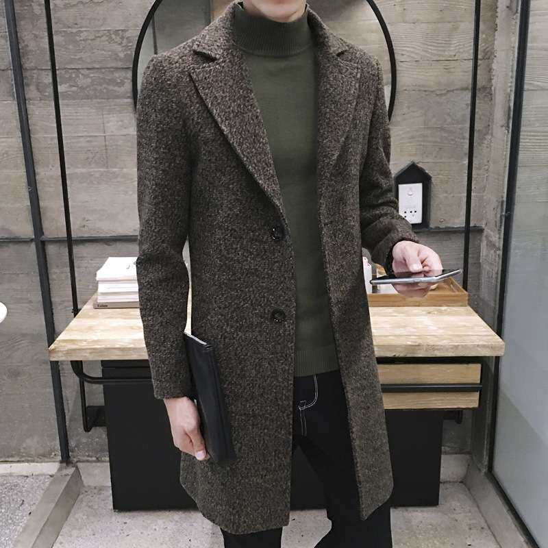 men clothes秋冬新款养眼修身雪花呢风衣男士中长款大衣外套2024