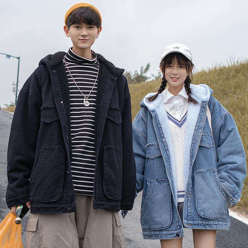 men clothes羔绒连帽牛仔棉衣外套日系宽松大码纯色男女棉服2024