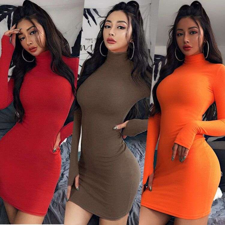 2024高领长袖包臀连衣裙欧美性感修身简约一步中裙women clothes