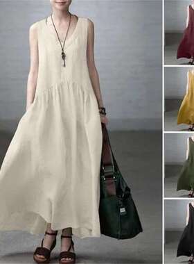 2024女装长裙宽松褶皱时尚无袖纯色背心棉麻连衣裙women clothes