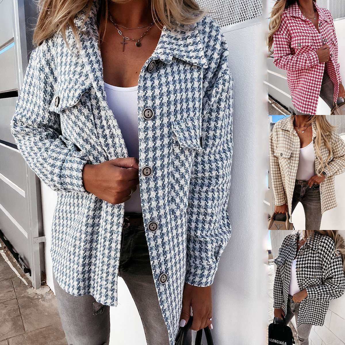 2024欧美风秋冬新款千鸟格印花毛呢外套女women clothes