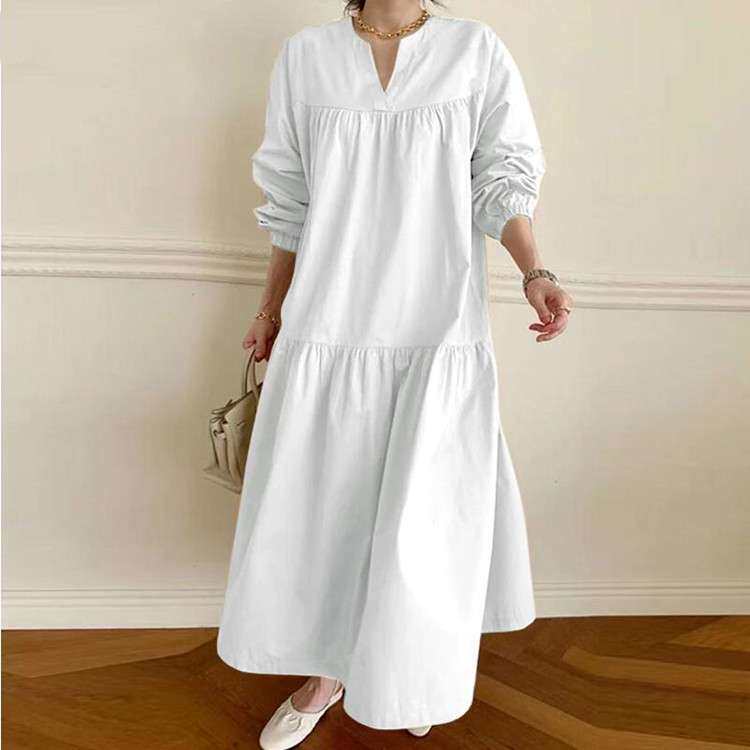 2024卖国风复古通棉麻V领衬衣袖长款宽松大摆连衣裙women clothes