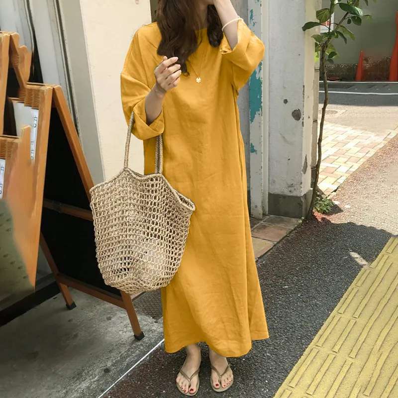 2024年慵懒宽松休闲棉麻净色大码韩版热卖款连衣裙women clothes