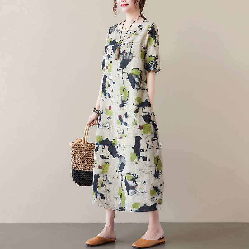 2024艺宽松大码女装胖mm棉麻过膝中长款气质连衣裙women clothes