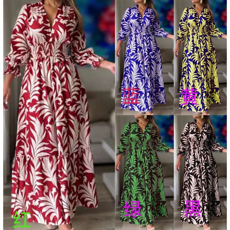 2024新款长裙欧美时尚收腰套头波西米亚印花大摆连women clothes图片