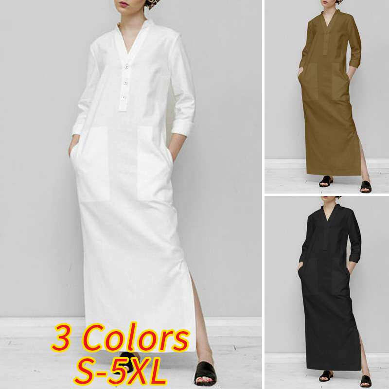 2024裙棉麻休闲宽松腰套头气质长裙开衩棉麻连衣裙women clothes