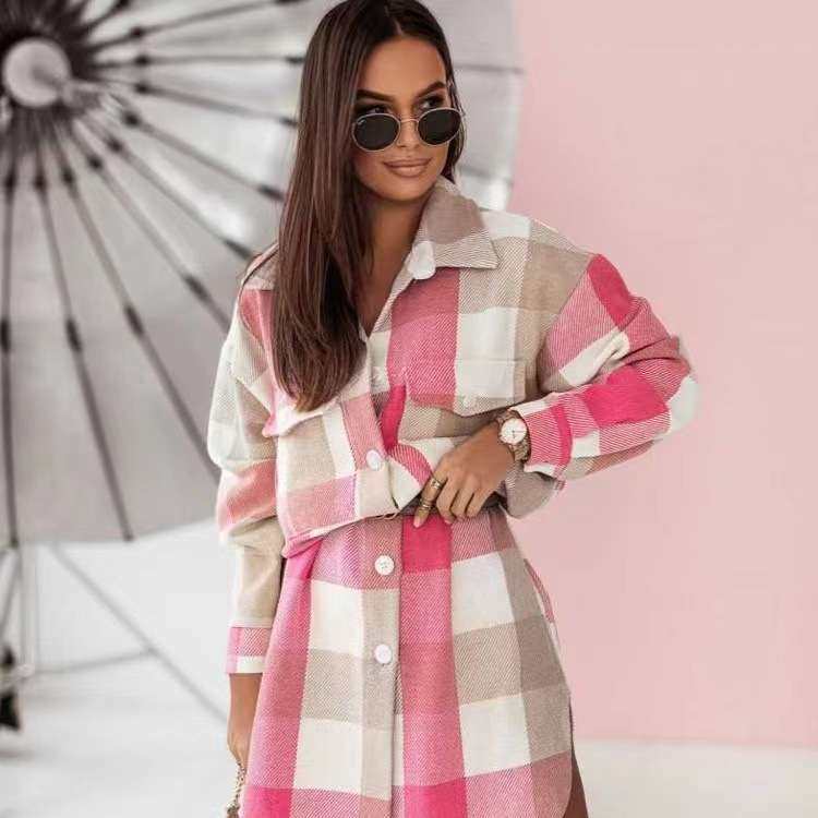 2024新品彩色法兰绒格子长款风衣时尚衬衣毛呢外套women clothes