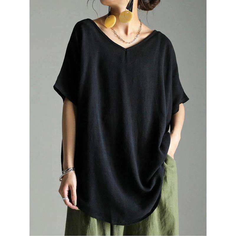 2024古棉套头短袖V领宽松型女式纯色宽松蝙蝠袖T恤women clothes