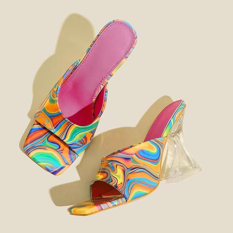 women shoes凉鞋水晶套脚欧美露趾一字型糖果色彩欧美时装鞋2024