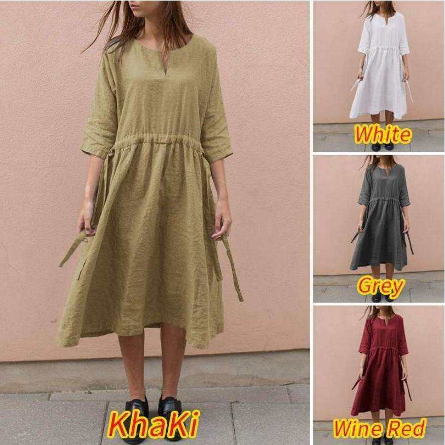 2024女装休闲春夏新款系带V领棉麻中袖连衣裙women clothes